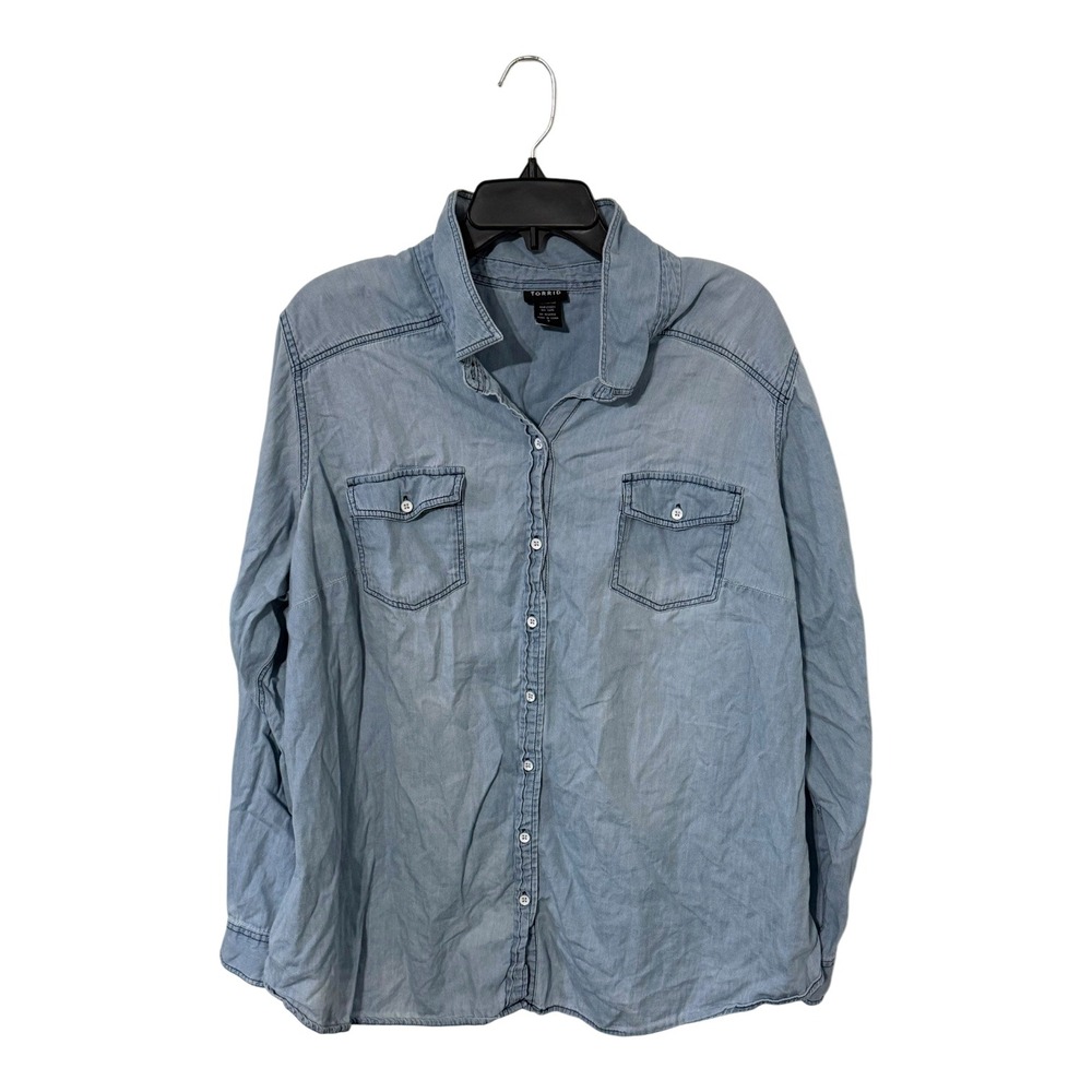 Torrid Womens Plus Size 3 Blue Chambray Cotton Button Down Shirt Long Sleeve